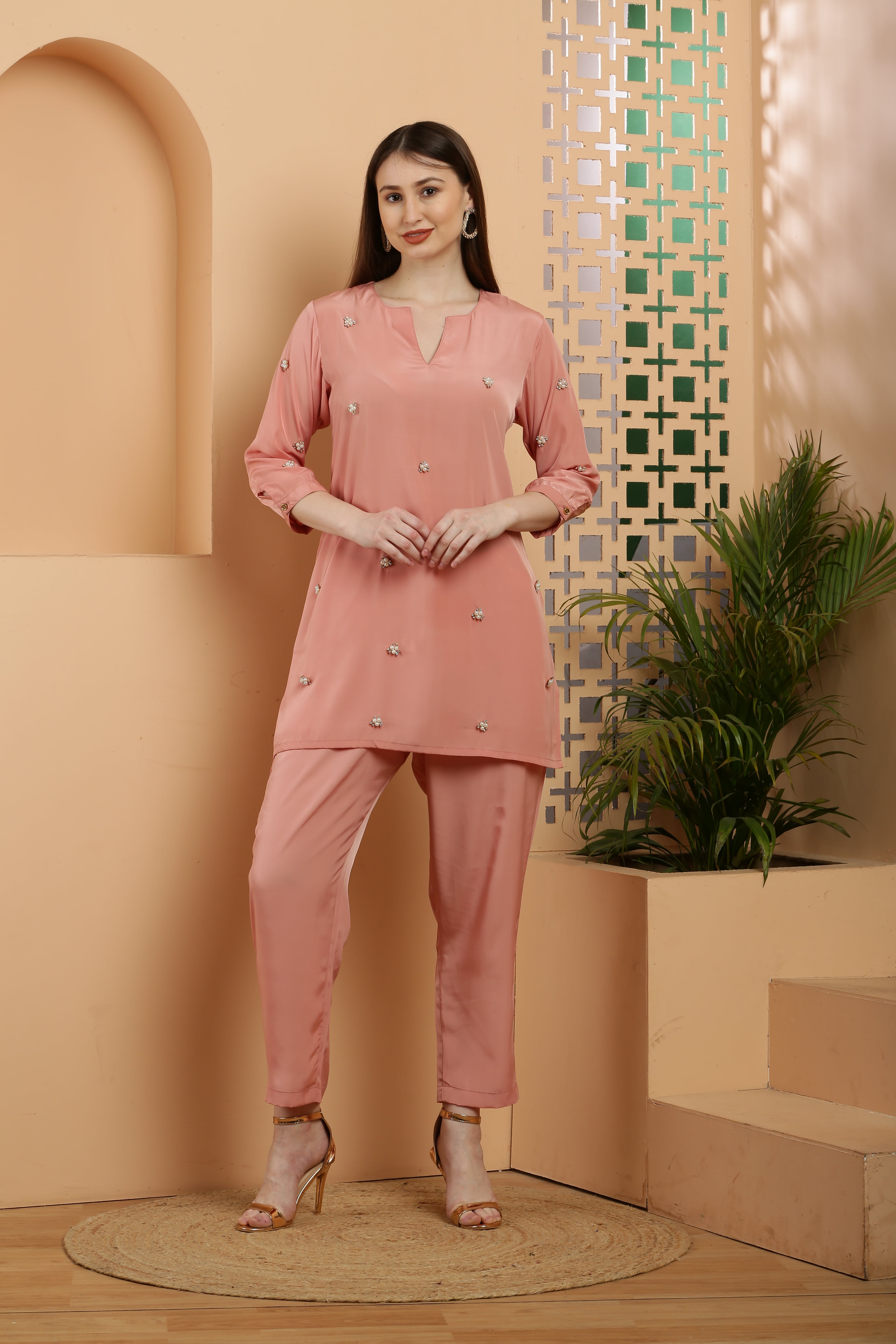 Peach Gold Embellished Co-Ord - The Fashion Industry