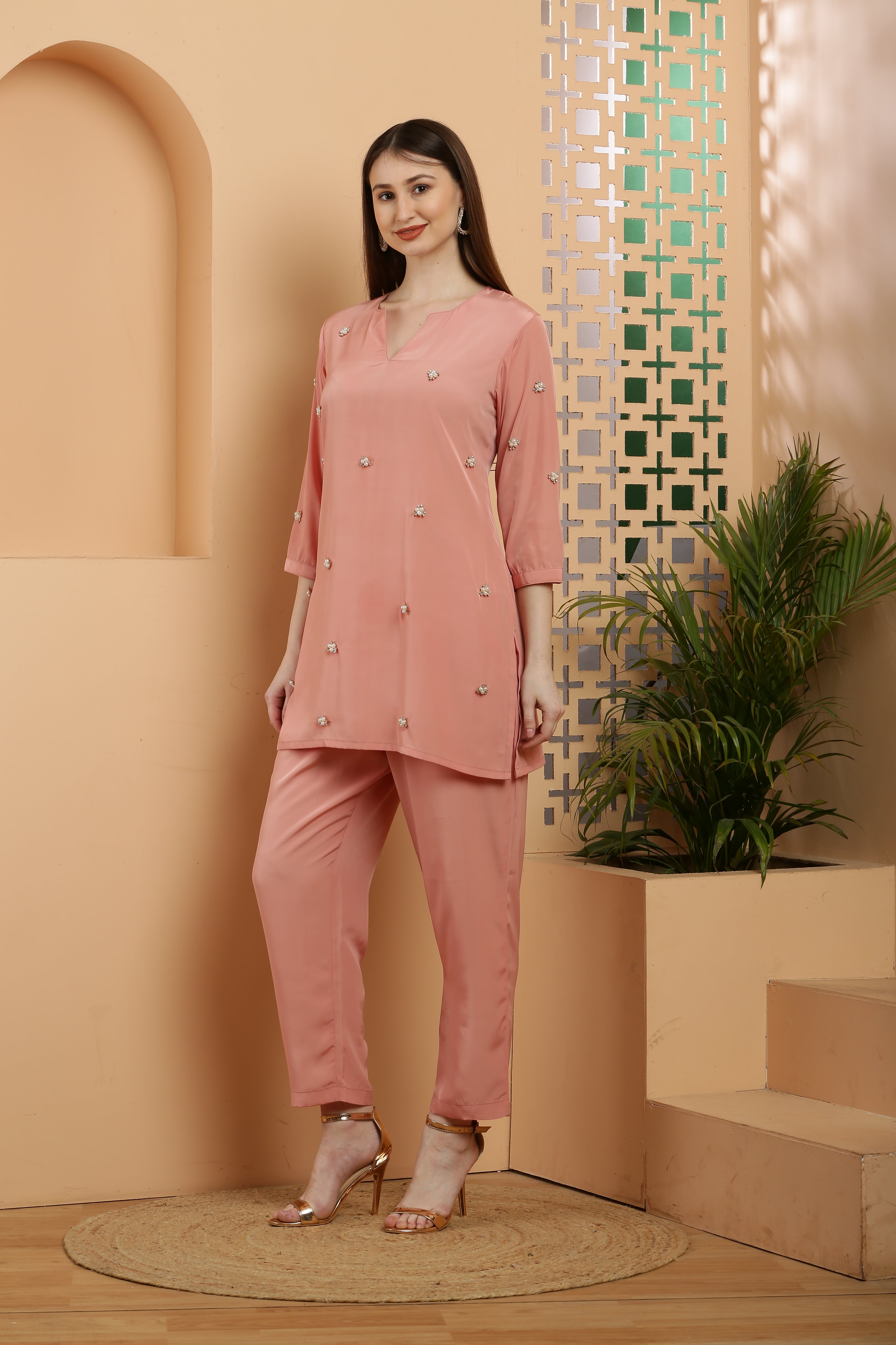 Peach Gold Embellished Co-Ord - The Fashion Industry