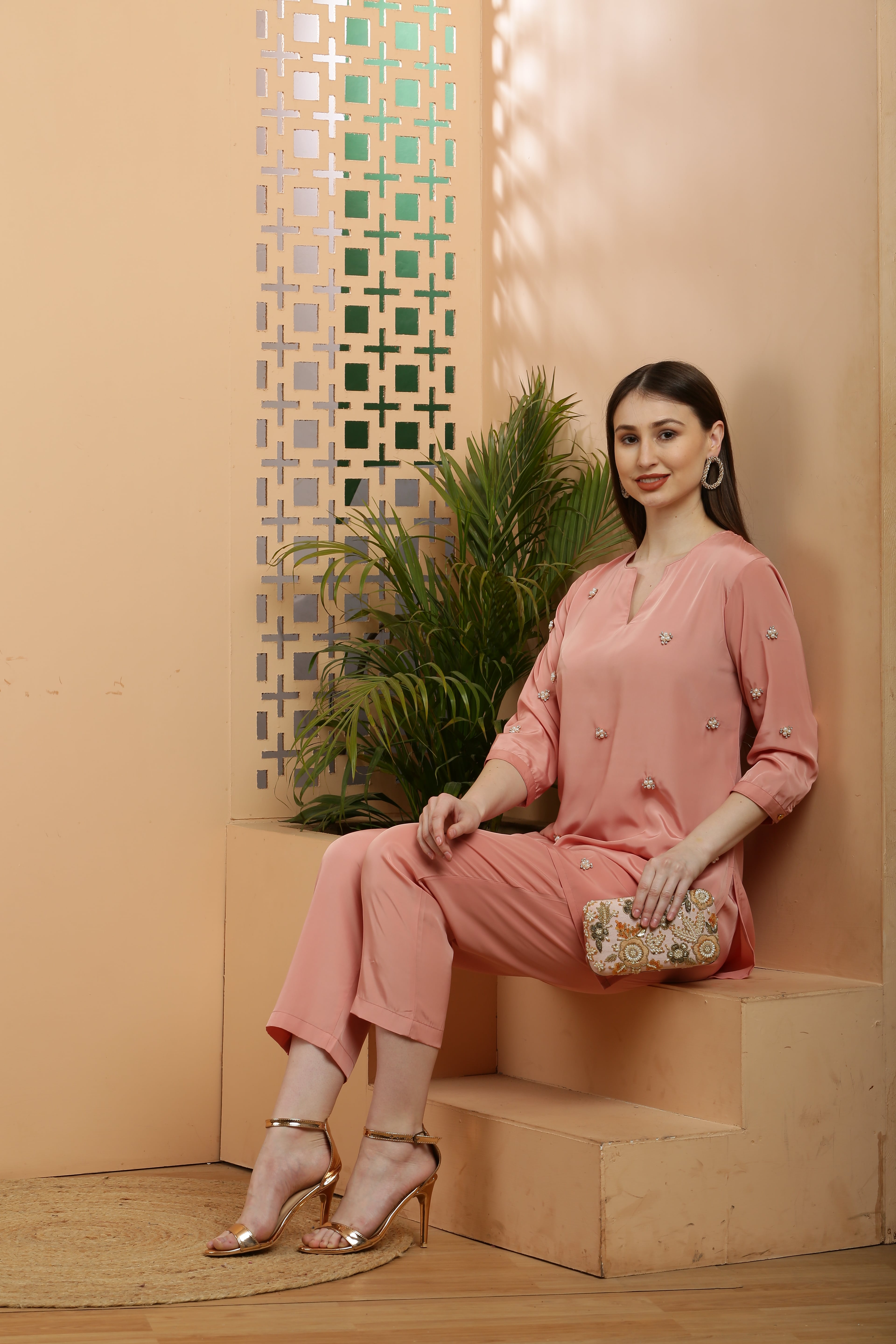 Peach Gold Embellished Co-Ord - The Fashion Industry